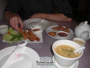 Spring rolls, samosas and soup.  at Vina Vegan in Newtown