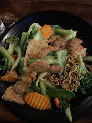 Yellow noodle stir fry at Vina Vegan in Newtown