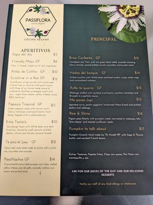 New menu. at Passiflora in Rincon