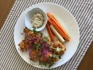 Cauliflower buffalo wings with house made blue “cheese” 100% VEGAN at Passiflora in Rincon