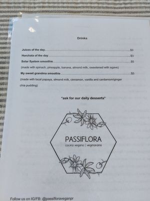 Current menu- 12/27/19 at Passiflora in Rincon