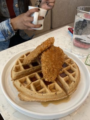 Vegan chicken and waffles  at Mid Kitchen in Evanston