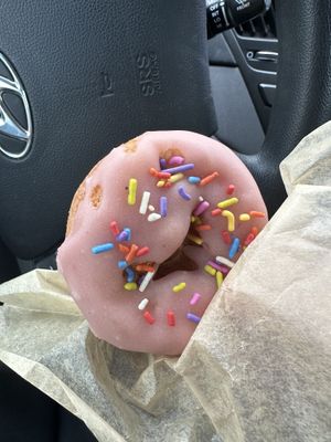Strawberry frosted cake donut from Vice available on weekends  at Cindysnacks in Centerport