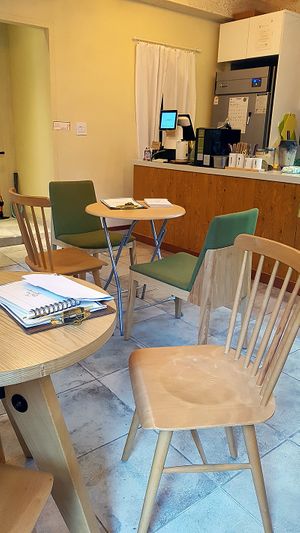 Interior of restaurant, seating and cashier at Apbbang - Future Bakery 앞으로의 빵집 in Seoul
