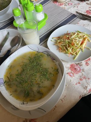 Plain salad (maybe it normally comes with mayo but we requested vegan). The drink was like a peanut milk? And a pretty typical soup.  at Luz Mary in Sucre