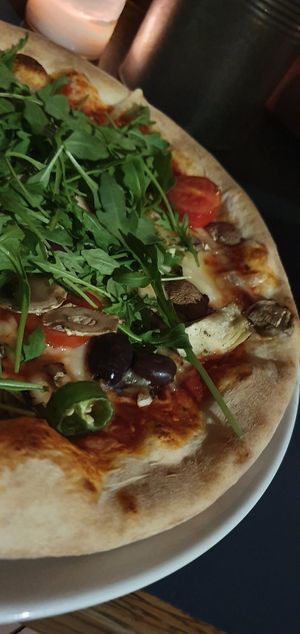 Vegan pizza with vegan cheese. at Peloton in Oslo