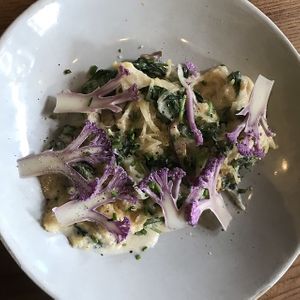 SQUASH & KALE ALFREDO
cashew cream, purple cauliflower, shiitakes at Little Gem on Grove in San Francisco