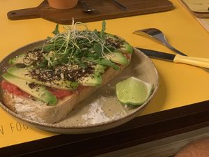 Toast with avocado, tomato, sumac and greens at Cinnamon in Bilbao.  at Cinnamon in Bilbao