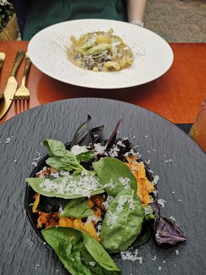 Above dish: Pasta carbonara with “eggyolk” from pumpkin   at Konijnenvoer in Arnhem