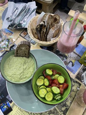 Brocoli spread and salad with strawberry shake  at Bayt Sara in Amman