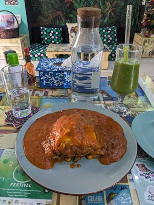 Vegan lasagna and green detox juice at Bayt Sara in Amman