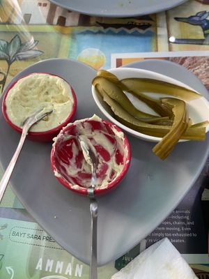 Homemade vegan mayonnaise and pickles   at Bayt Sara in Amman