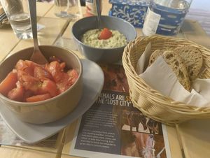 The lovely broccoli spread with tomato salad and sourdough bread! at Bayt Sara in Amman