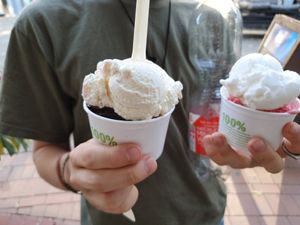 Cups with pineapple sorbet and dark chocolate at Massimos Eiscafe in Hannover