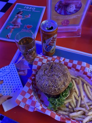 Vegan burger and peach ice tea   at 1950 American Diner in Florence