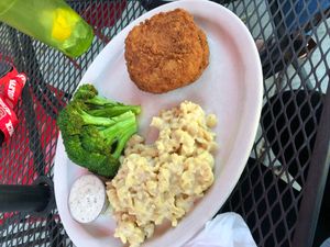 Vegan fried chicken plate with Mac n cheese and fried broccoli  at The Remedy Diner in Raleigh