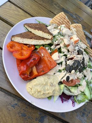 Salat Teller mit gegrilltem Tofu, Hummus, und Pita Brot  at Vleischerei in Leipzig