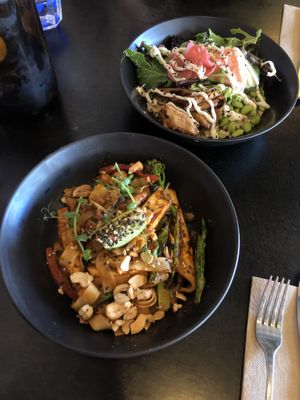 Pad see ew with cashews and tofu & poke “chicken” bowl  at Mad Apple in Launceston