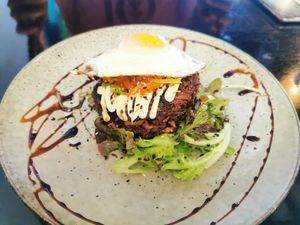 Okonomiyaki with extra egg (no vegan option) at Mad Apple in Launceston