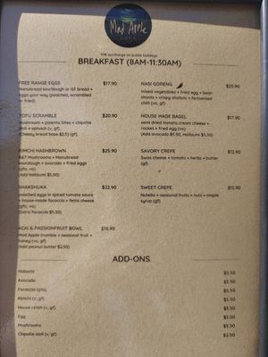 Breakfast menu April 2024 at Mad Apple in Launceston