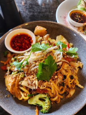 Satay noodles, the chilli has some kick! at Mad Apple in Launceston