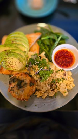 Tofu scramble with spinach. I added avo+ rosti at Mad Apple in Launceston