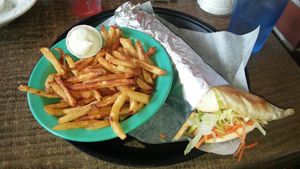 Vegan pita with fries. at La Libellule in Saint-jean-port-joli