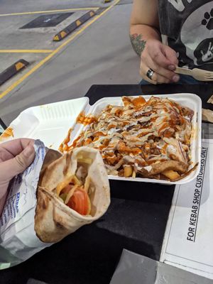 Vegan kebab mixed with a star of the show vegan snack pack in the back at Taksim Kebab and Pizza in Eight Mile Plains