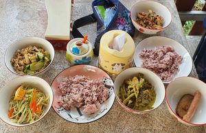 155 baht total. Some buffet items served in proper bowls. at Youta Vegetarian 1 in Mae Klong