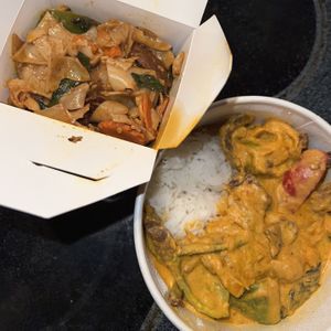 drunken noodles and pumpkin curry with mock duck  at Thotsakan in San Diego
