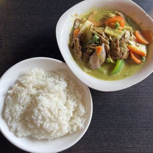 green curry made vegan with mock duck (all curries can be made vegan upon request)  at Thotsakan in San Diego