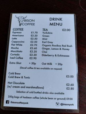 Drinks menu (Feb 2022) at Bison Coffee House in York