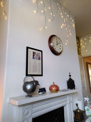 Mantelpiece upstairs (Feb 2022) at Bison Coffee House in York