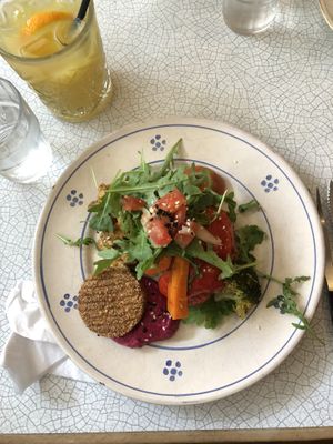 Tofu porcini brunch plate and orange juice  at Kalaset in Copenhagen