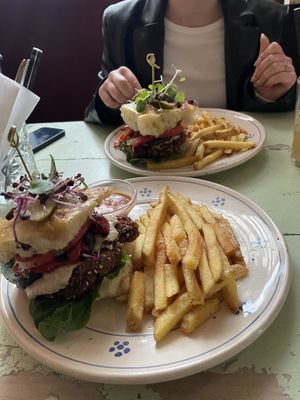 Vegan Burger with foccacia bun, fries and vegan dip  at Kalaset in Copenhagen