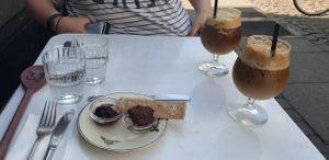 Iced soya milk lattes and crisp bread with vegan nutella and jam at Kalaset in Copenhagen