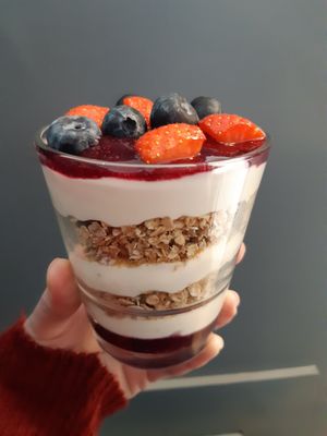 Granola, berry compote and dairy-free yoghurt at Skinny Batch Bakery in Lusk