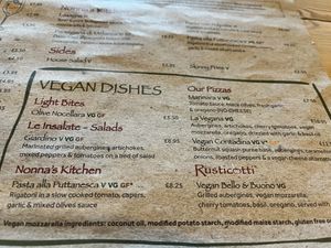 Vegan menue  at Rustico in Bexhill