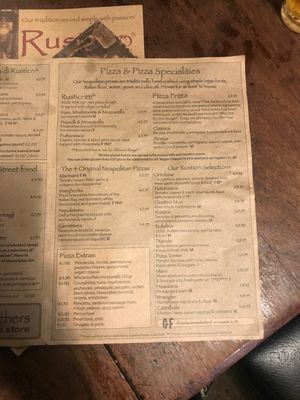Pizza menu at Rustico in Bexhill