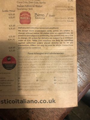 Symbols on menu at Rustico in Bexhill