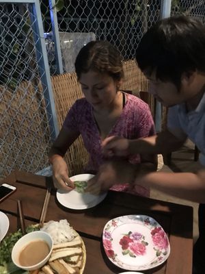 Mr Tin showing us how to make spring rolls at Tin Tin Pizzas in Phu Quoc