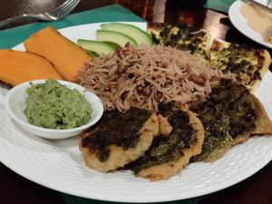Tasty jerk chikin plate at Bloodroot in Bridgeport