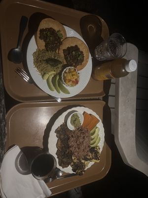 Jerk chicken and black bran tostadas with ginger kombucha and black cherry juice   at Bloodroot in Bridgeport