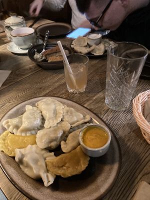 Mixture of all the vegan pierogies and spicy pepper sauce  at Pierogarnia Stary Młyn in Gdansk