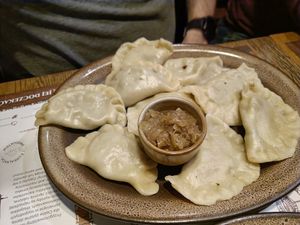 Mushroom and sauerkraut pierogi with onion sauce at Pierogarnia Stary Młyn in Gdansk