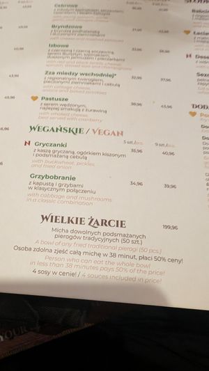 The vegan section of the menu, last time we came they had three options, today just 2... Though the mushroom option was amazing at Pierogarnia Stary Młyn in Gdansk