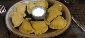 vegan pierogi 🥟 with garlic dip 🧄 at Pierogarnia Stary Młyn in Gdansk
