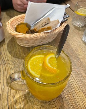 Winter tea and bread with lentil spread  at Pierogarnia Stary Młyn in Gdansk