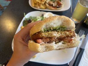 The vegan chicken run burger, would recommend (the pesto is delicious)  at Cafe Populaire in Fribourg