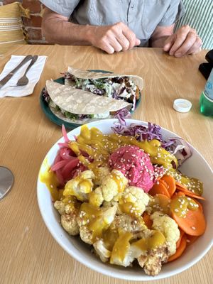 The black bean and sweet  potato tacos and the Bonsai bowl .. both delicious!  at Plant in Oklahoma City
